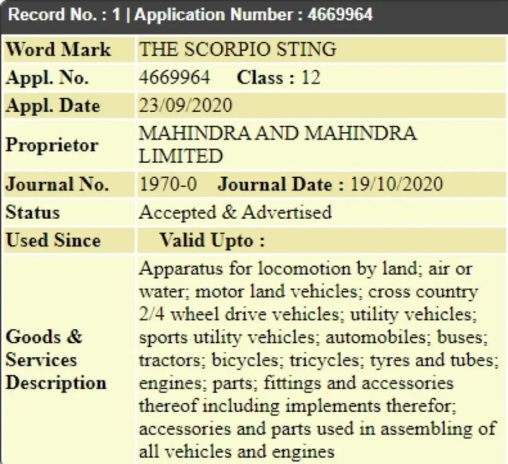 Mahindra trademarks the Scorpio X nameplate in India